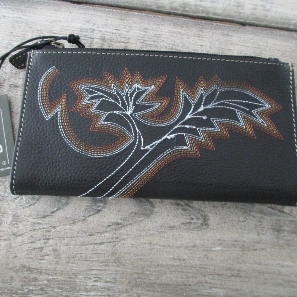Myra Bag Black Leather Zip Wallet with White and Brown Embroidery